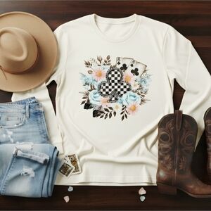 Checkered Club Floral Long Sleeve Tee • Ace of Spades & Clubs Graphic Top •